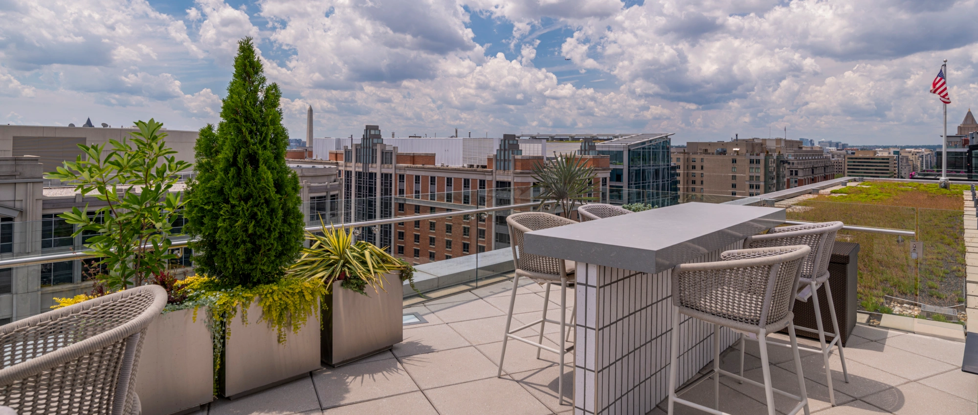 Contemporary urban rooftop lounge featuring bar height table woven chairs and green roof design
