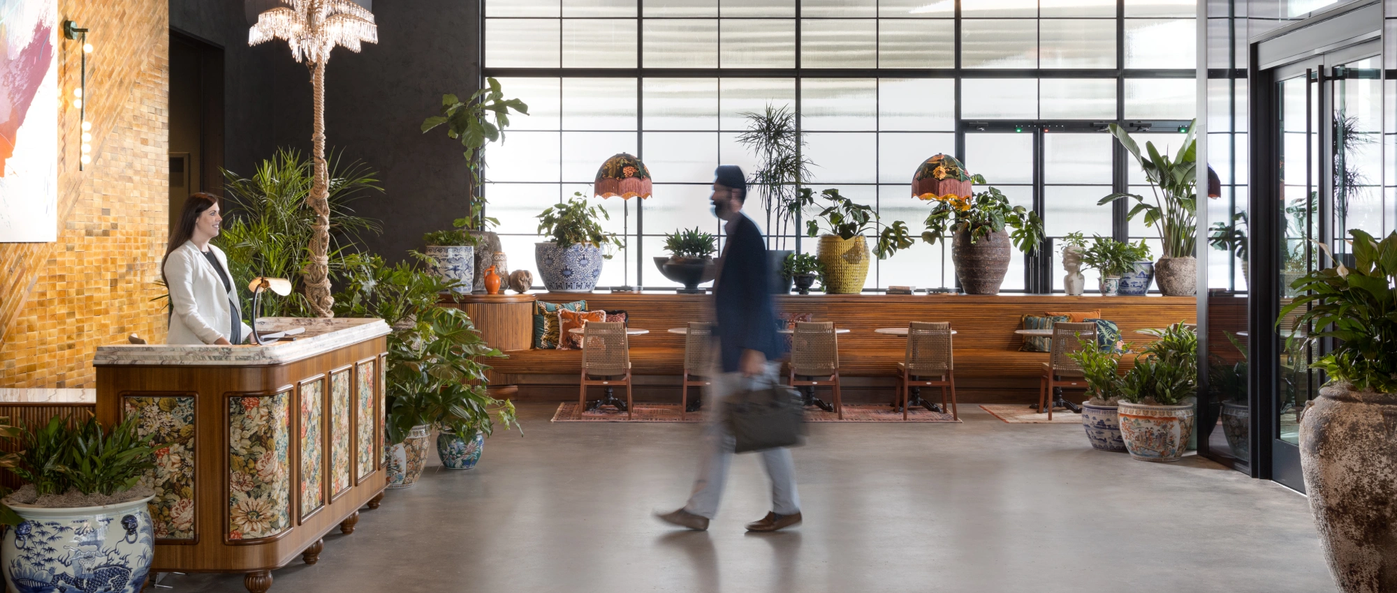 Stylish hospitality-inspired workspace featuring abundant greenery, textured materials, and casual seating along large windows