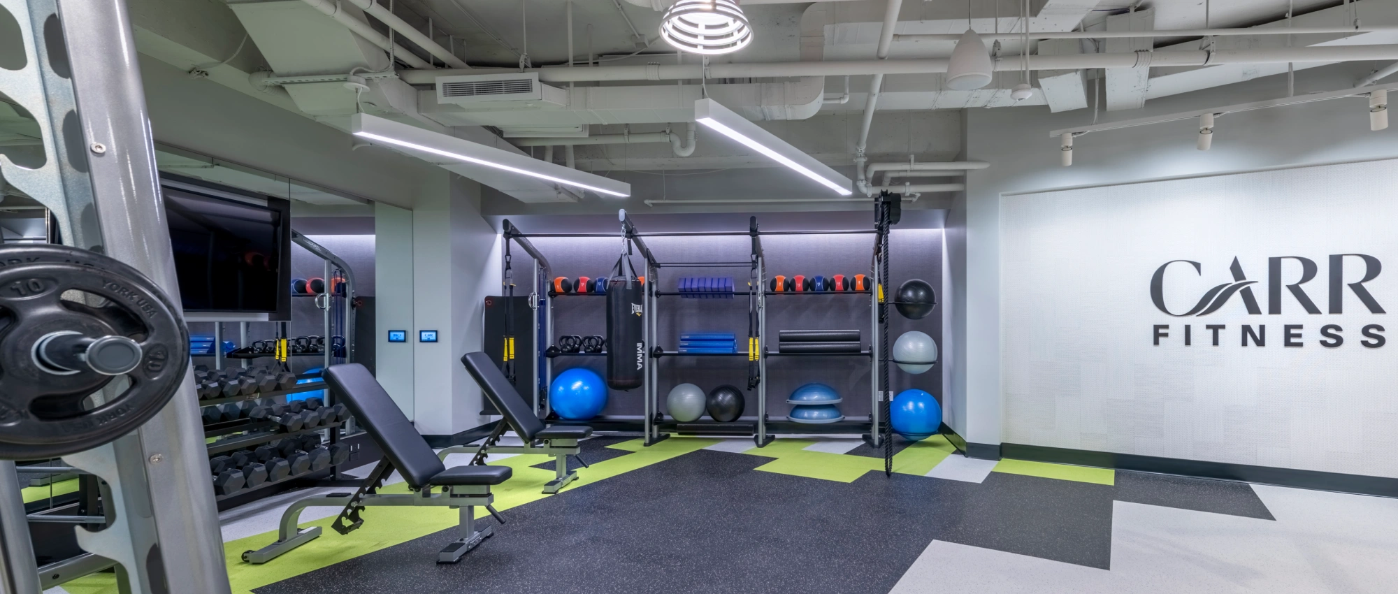 Contemporary office gym featuring free weights benches stability balls and open layout under bright lighting