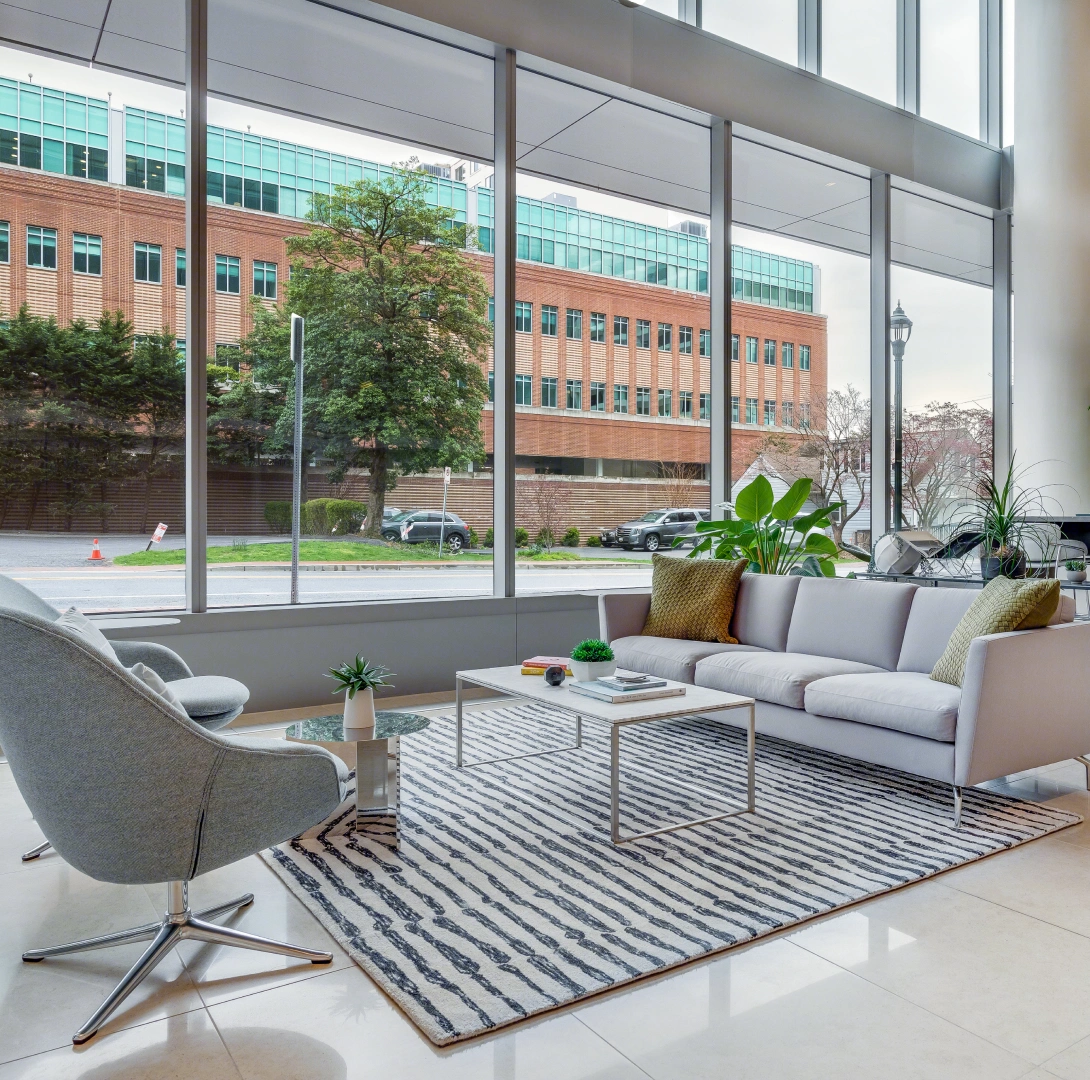 Modern office lounge with floor-to-ceiling windows, contemporary seating, indoor plants, and natural light