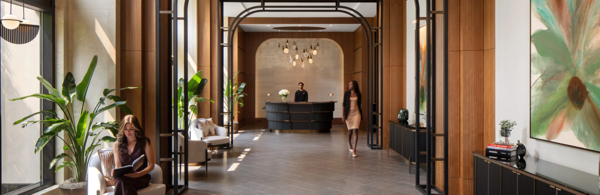 Contemporary workplace lobby showcasing hospitality design, front desk service, and relaxed professional atmosphere