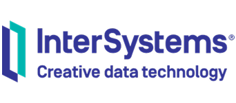 InterSystems technology company logo with modern blue typography and abstract vertical brand symbol