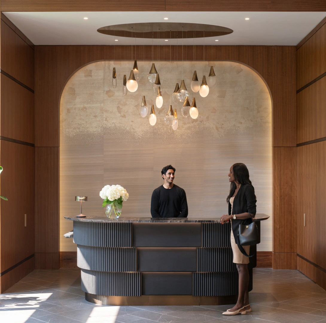 Corporate building lobby with reception desk stylish interior design and welcoming professional atmosphere