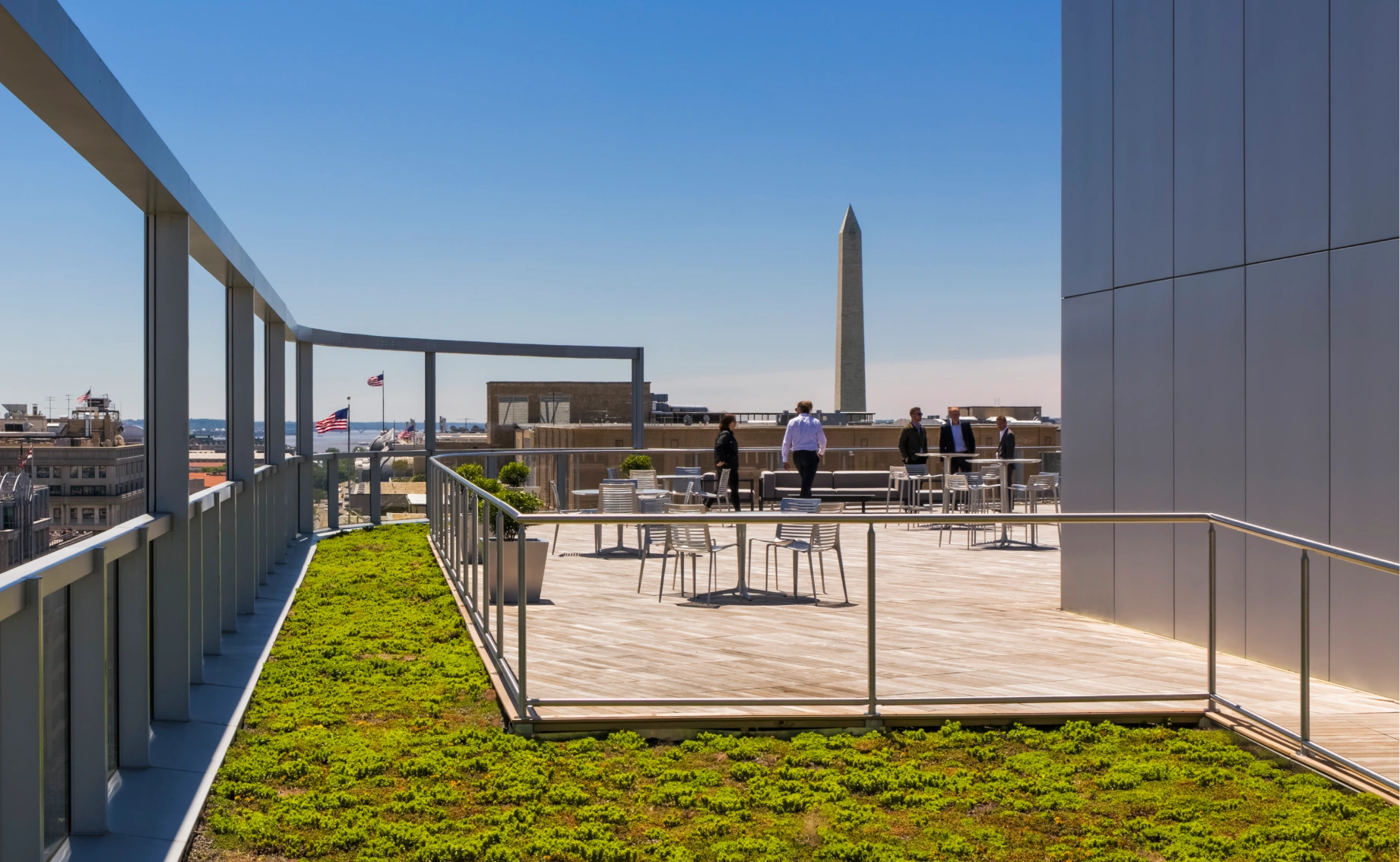 Modern rooftop deck with green roof landscaping city views and Washington Monument backdrop