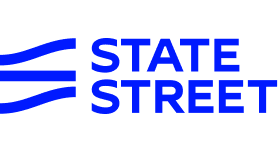 State Street corporate logo featuring blue wave symbol and bold blue text on black background